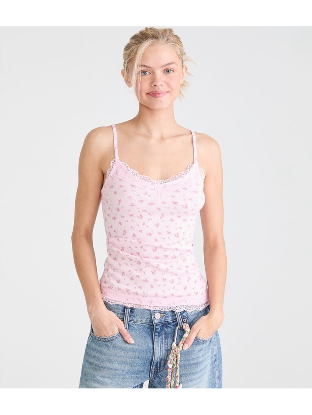 Aeropostale Pink Floral Lace-Trim Cami Size M NWT